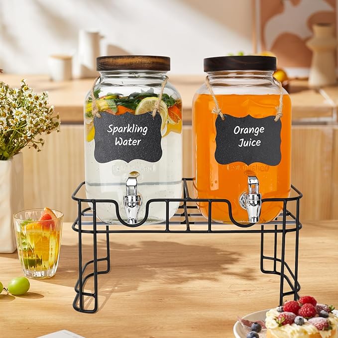 Glass Drink Dispensers For Parties, 2 PACK 1 Gallon Beverage Dispenser With Wooden Lids, Metal Stand And Spigot 100% Leak proof. Lemonade Dispenser With Chalk board