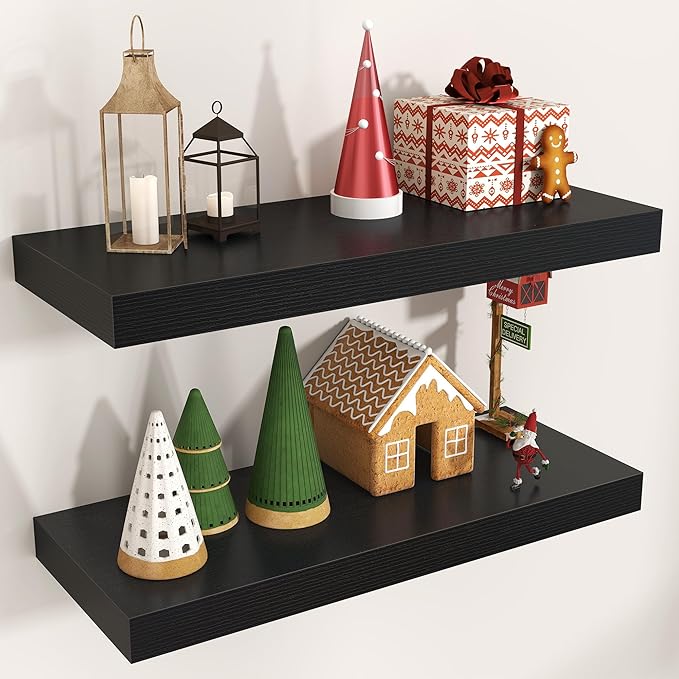 Floating Shelves for Wall, Engineered Wood Wall Shelves with Invisible Brackets for Living Room Bedroom Bathroom Office Kitchen Decor and Storage (Black, 24" W x 9" D x 1.5" H) Set of 2