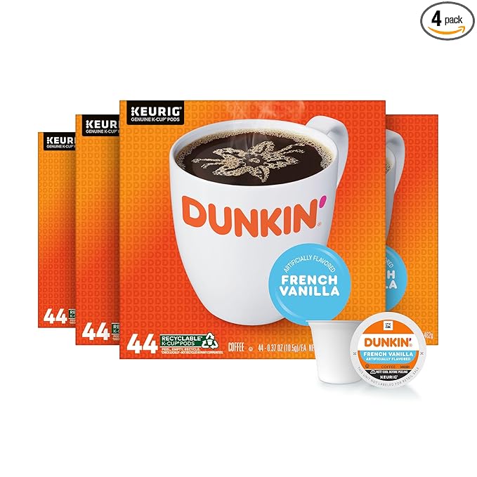 Dunkin’ French Vanilla, Artificially Flavored Coffee, Keurig K-Cup Pods, 44 Count Boxes (Pack of 4)