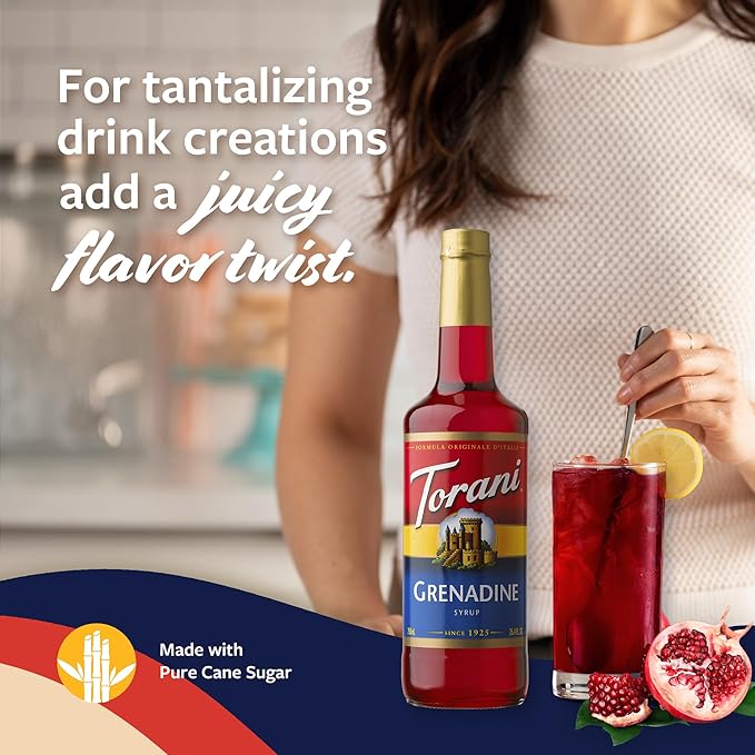 Torani Grenadine Syrup for Drinks, Flavoring for Sodas, Cocktails, and Mocktails, Pump Included, 25.4 Oz