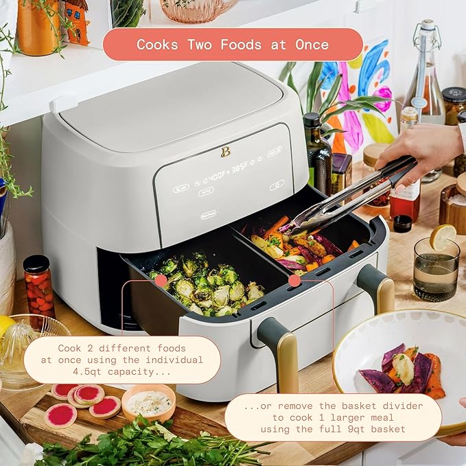 Beautiful 9QT TriZone Air Fryer, White by Drew Barrymore – Dual & Single Zone Cooking, Sync Cook & Finish, 6 Presets, Family Size, Elegant Matte Design, Dishwasher Safe