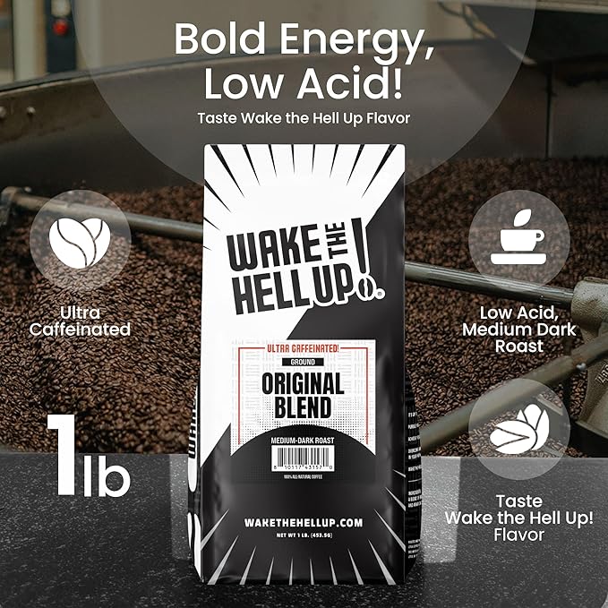 Wake The Hell Up! 1lb Ultra-Caffeinated Original Ground Coffee, Low Acid, Medium-Dark Roast