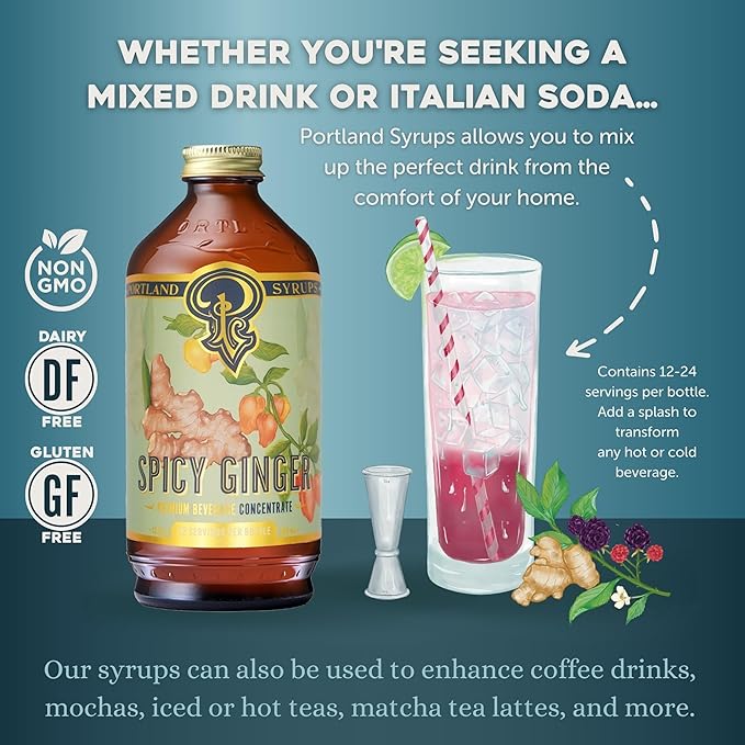 Portland Syrups Spicy Ginger Syrup - Extra Spicy Heat and Fresh Ginger Flavor - Premium Beverage Concentrate for Cocktails, Mocktails, Tea, and More - 12 oz with 12 Servings (Pack of 1)