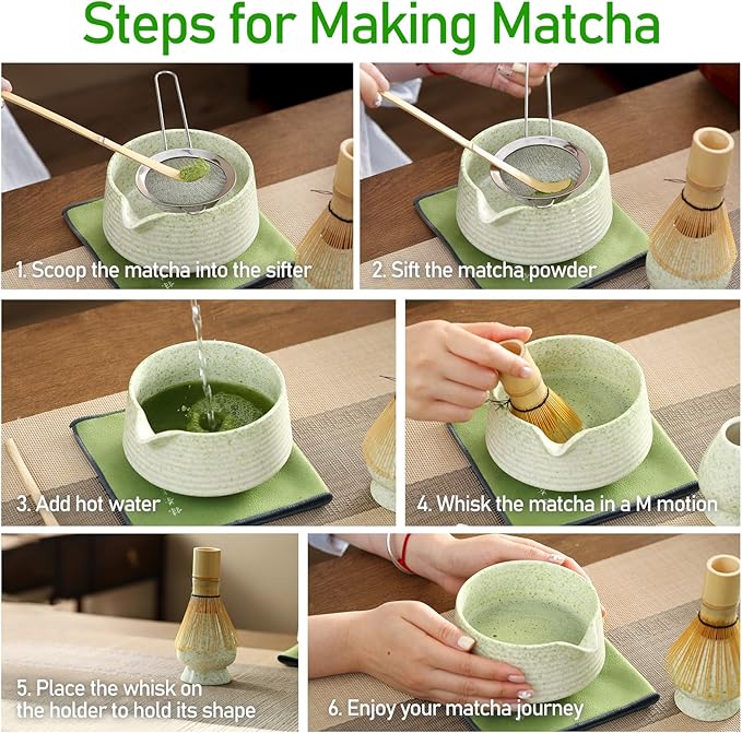 Matcha Whisk Set, Ceramic Matcha Bowl with Spout, Bamboo Whisk, Scoop, Sifter, Holder, Tea Towel, 7-Piece Matcha Kit Set for Making Breakfast/Latte, Square Green, Large, Fusion Style