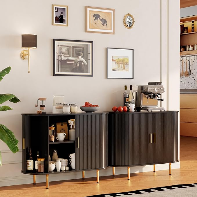 DHH Sideboard Buffet Cabinet with Storage,Mid Century Modern Fluted Accent Coffee Bar Console Table,Tambour Sliding Doors& Adjustable Shelf for Kitchen, Living Room, Entryway (Black, 40 Inch)
