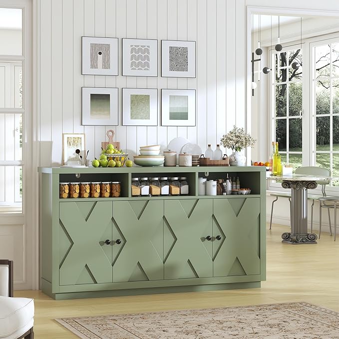 60” Large Sideboard Buffet Cabinet with Storage, Farmhouse Kitchen Buffet Cabinet with Adjustable Shelves and 4 Barn Doors, Wood Coffee Bar Storage Cabinet for Kitchen, Dining Room, Green