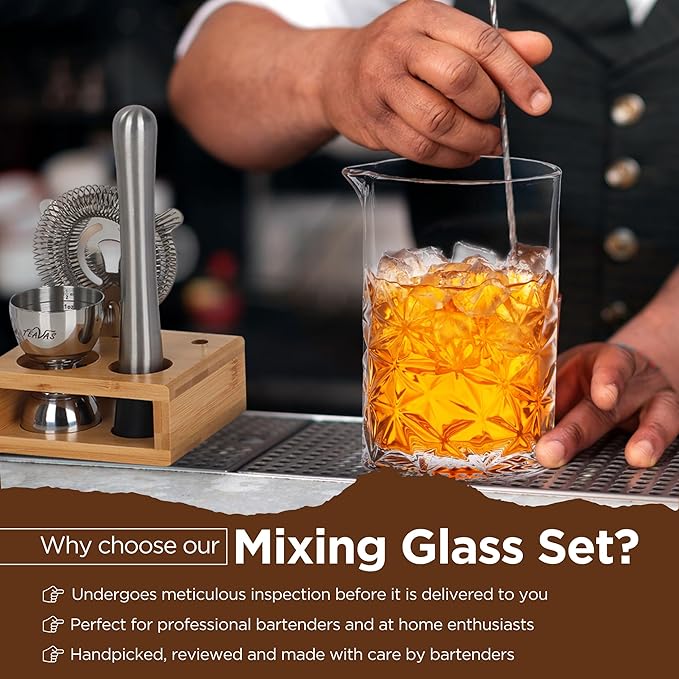 Cocktail 24oz Mixing Glass Set with Jigger, Muddler, Spoon, Hawthorne Strainer & Bamboo Stand - Mixology Pitcher for Stirrer Cocktails - Birthday Gifts for Friends & Family