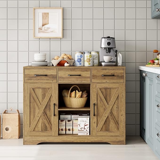 HOSTACK Wood Modern Farmhouse Buffet Storage Cabinet Barn Doors Sideboard with Storage, Drawers and Shelves for Coffee Bar, Kitchen, Dining Room, Living Room, Rustic Brown