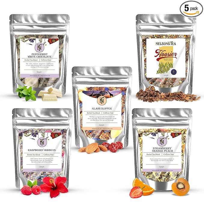 Nelson's Tea Caffeine Free Sampler Pack - Loose Leaf Tea Sampler - Peppermint White Chocolate, Glass Slipper, Hoosier Kettle Corn, Raspberry Hibiscus, Strawberry Orange Peach - Sample Sizes