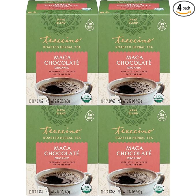 Teeccino Herbal Tea – Maca Chocolaté – Adaptogenic Peruvian Maca, Cacao, Chicory, Prebiotic, Caffeine Free, Acid Free, Coffee Alternative (10 Count (Pack of 4))
