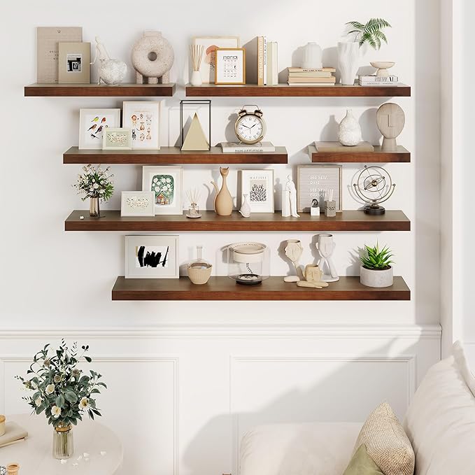 Fun Memories Wood Floating Shelves Set of 2, Rustic Pine Wood Floating Shelves for Wall Mounting, Wide Wall Shelf for Home Decor and Storage, 24" W x 7" D, Walnut