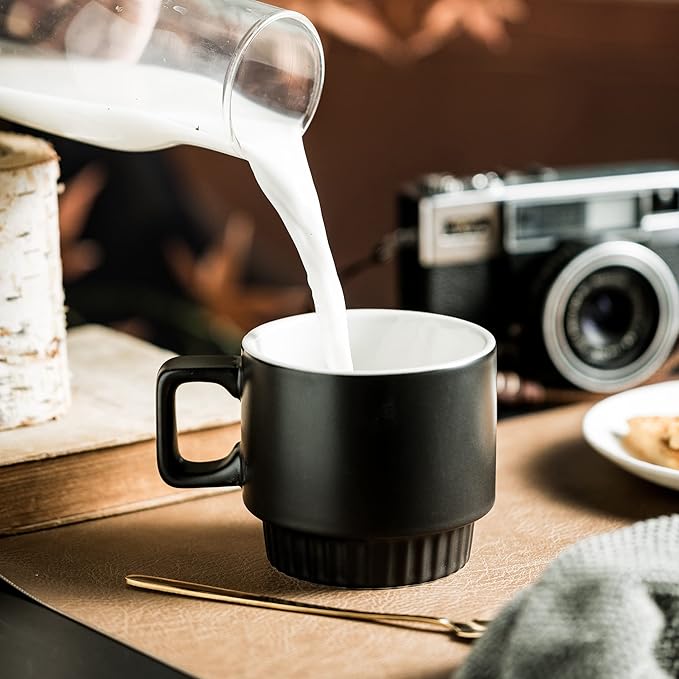 Stackable Coffee Mugs with Stand, 11oz Ceramic Latte Cup Set of 4 for Espresso Cappuccino Tea Hot Cocoa, Dishwasher & Microwave Safe, Black