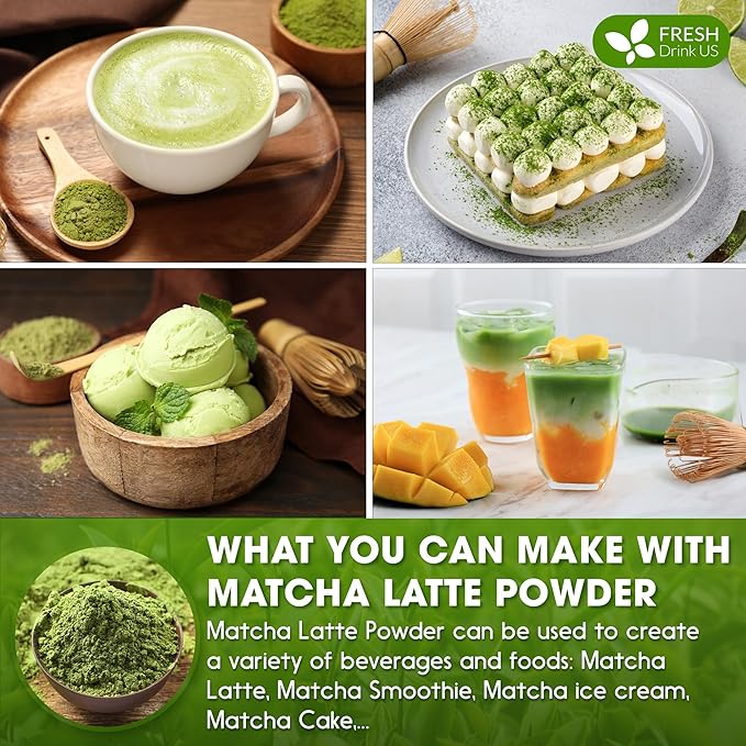 FreshDrinkUS, Matcha Latte Powder 16 oz – Premium Japanese-Style Blend for Smooth, Creamy Matcha Drinks – Perfect for Lattes, Baking, Smoothies & Daily Enjoyment. Vegan