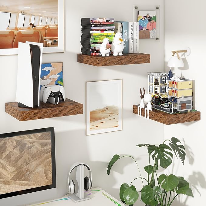 12 Inch Deep Floating Shelves | 16 Inch Brown Floating Shelves Set of 2 | 16W x 12D Rustic Shelves for Wall | Deep Wood Shelves for Living Room Bathroom Kitchen Bedroom
