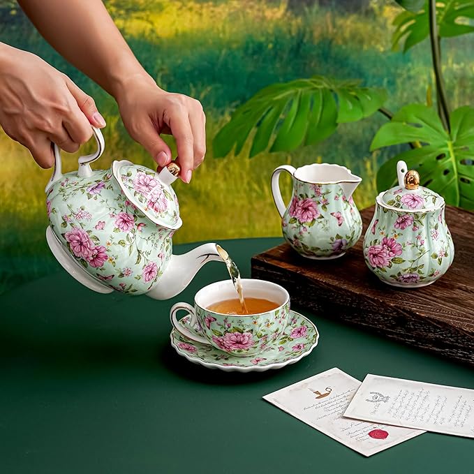 Tea Cup and Saucers, 6.4oz Floral Tea Cups with Gold Trim, Porcelain Teacup, Coffee Cappuccino Espresso Latte Mugs for Party Birthday,Party Cafe Home, Christmas Gift (Green)