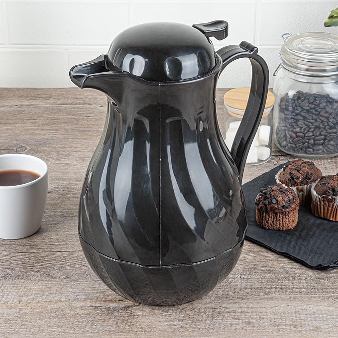 Restaurantware-Restpresso 64 Ounce Coffee Carafe, 1 Insulated Coffee Server - Push-Button Top, Swirl Design, Black Plastic Pitcher, Built-In Handle, With Identification Tags