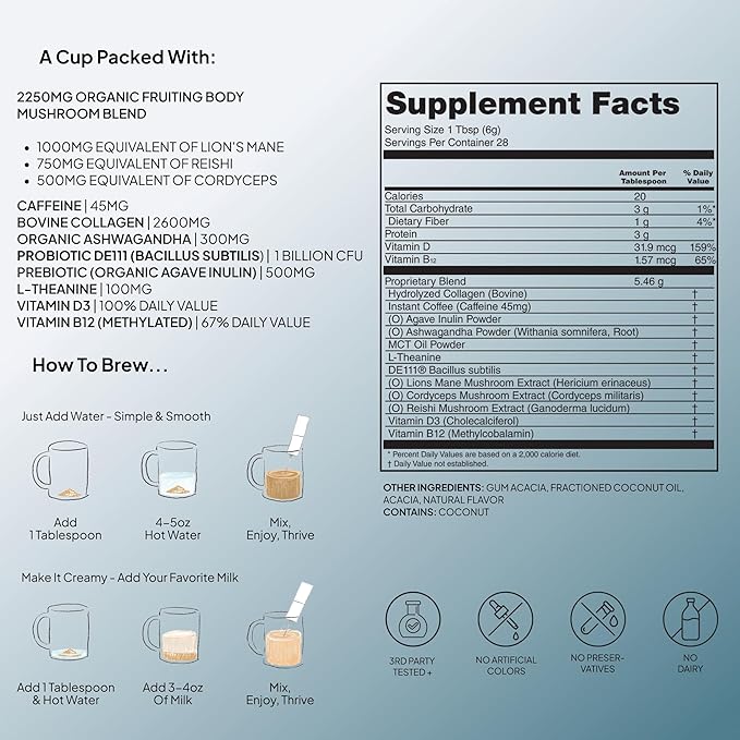 Atlas+ Coffee Superblend– Premium Mushroom Coffee with Collagen, Probiotics, D3 & B12, Lion’s Mane, Reishi, Cordyceps– for Energy, Focus, Immunity & Gut Health– 56 Servings (2 Bags)