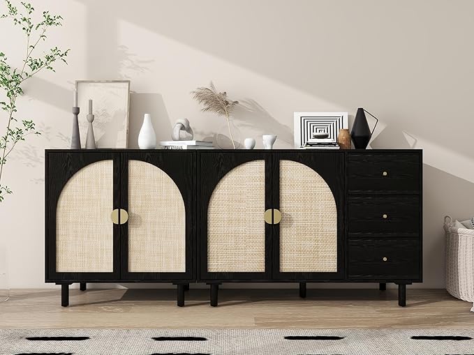 Black Minimalist 2-Door Sideboard with Woven Textured Panels, Black Storage Cabinet with Adjustable Shelf, Modern Accent Furniture for Hallway & Entryway & Apartments