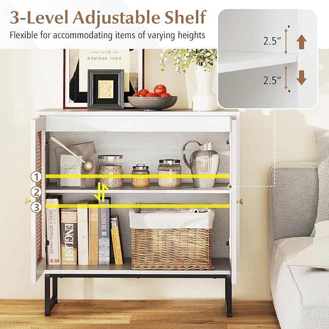 Giantex Rattan Sideboard Buffet Cabinet with Storage, Boho Sideboard with Doors & Adjustable Shelf, Small Accent Buffet Storage Cabinet with Metal Legs for Kitchen, Living Room, Entryway, White