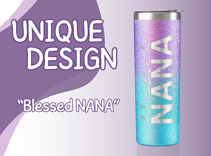 Onebttl Christian Grandma Gifts for Mother's Day, 20oz Purple & Blue Glitter Skinny Tumbler, Straw & Lid Included, Nana Gifts - Blessed Nana