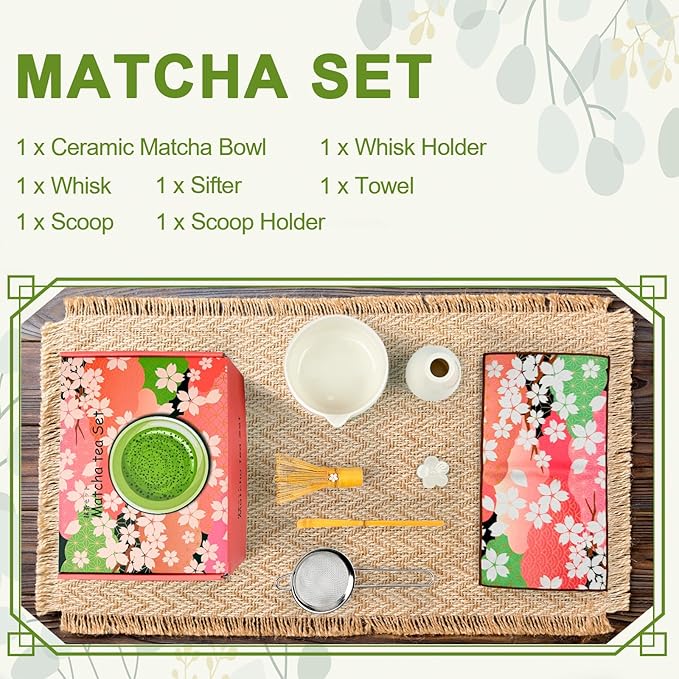 Matcha Whisk Set––7pcs Japanese Matcha Set Kit with Matcha Bowl, Bamboo Whisk, Whisk Holder, Scoop, Towel&Sifter–Perfect for Matcha Lovers&Tea Ceremonies-Daisy White