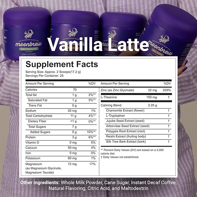 MoonBrew Nighttime Magnesium Vanilla Latte Mix, Natural Sleep Aid Drink Mix for Adults - Calming Melatonin-Free Sleep Support Powder with Magnesium Glycinate, L-Theanine, Chamomile & Zinc