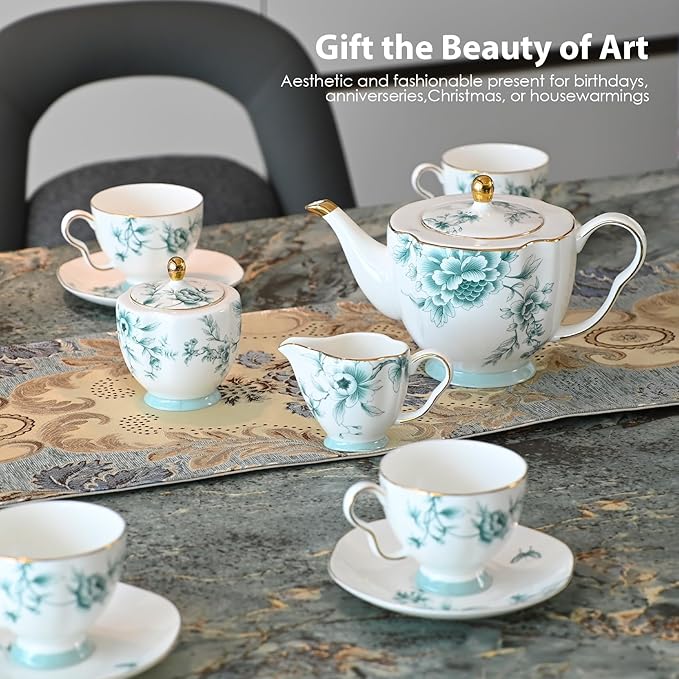 ACMLIFE Bone China Tea Sets for Adults, Blue and White Tea Gift Set, 21 Piece Porcelain, Cup and Saucer Set for 6 Vintage Floral Party for Women or Christmas Gifts Giving (Blue-Leaf-21)