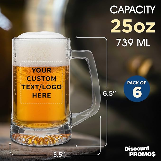DISCOUNT PROMOS Custom ARC Glass Beer Mugs 25 oz. Set of 6, Personalized Bulk Pack - Great for Octoberfest, Pub, Restaurant - Clear