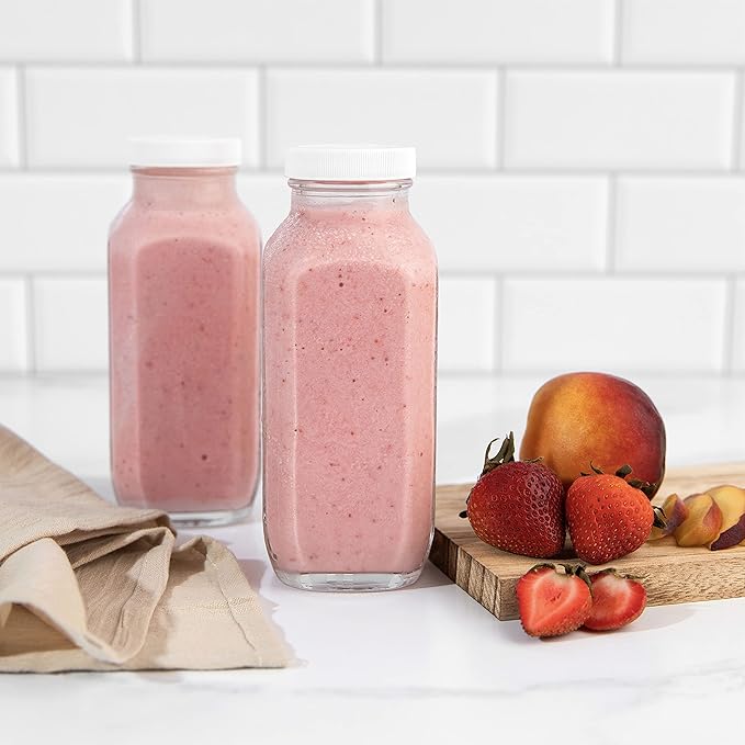 kitchentoolz 16oz Square Glass Milk Bottle with Lid - Airtight Vintage Reusable Dairy Drinking Jars Containers for Milk, Yogurt, Smoothies, Juice, Kefir, & Water -2 Pack 16 oz Glass Bottles with Lids