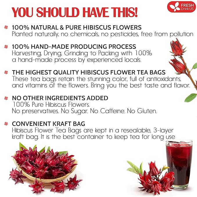 FreshDrinkUS, Premium 40 Hibiscus Flowers Tea Bags, 100% Natural, Pure from Hibiscus Flowers. Loose Flower Herbal Tea. No Sugar, No Caffeine, No Gluten, Vegan.