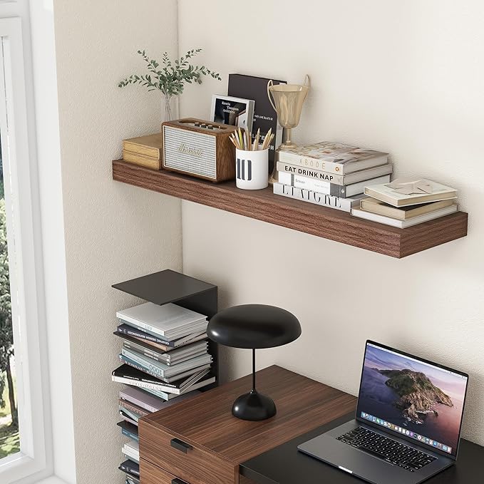 48 Inch Walnut Floating Shelf | 12 Inch Deep Floating Shelves Set of 1 | 48" D x 12" D Rustic Wood Shelves for Wall | Deep Walnut Shelves for Living Room Bathroom Laundry Room Kitchen