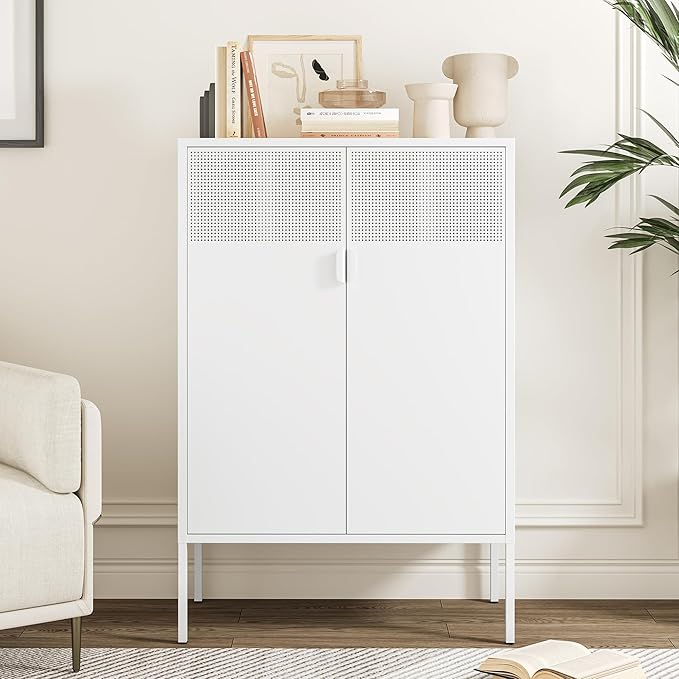 Metal Storage Cabinet,Kitchen Pantry Storage Cabinets with Doors,Buffet Cabinet with 2 Adjustable Shelves,White Pantry Cabinets,Steel Sideboard for Home,Shoes,Office,Dining Room