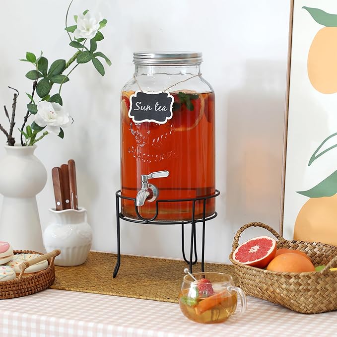 1.5 Gallon Glass Drink Dispenser with Stand – Large Beverage Dispenser with Stainless Steel Spigot, Chalkboard Tags & Marker – Glass Water Dispenser for Fridge, Parties, Weddings and Home Use,Silver