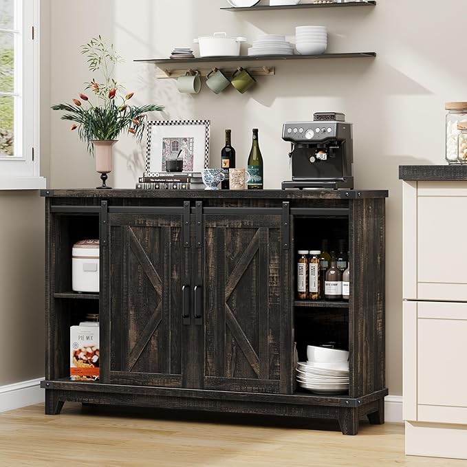 Vabches 6 Cube Storage Organizer, Farmhouse Bookshelf with Sliding Doors & 3 Adjustable Shelves Wooden Coffee Bar Buffet Cabinet 2-Tier Cabinet Rack for Bedroom, Living Room, Office (Dark Brown)