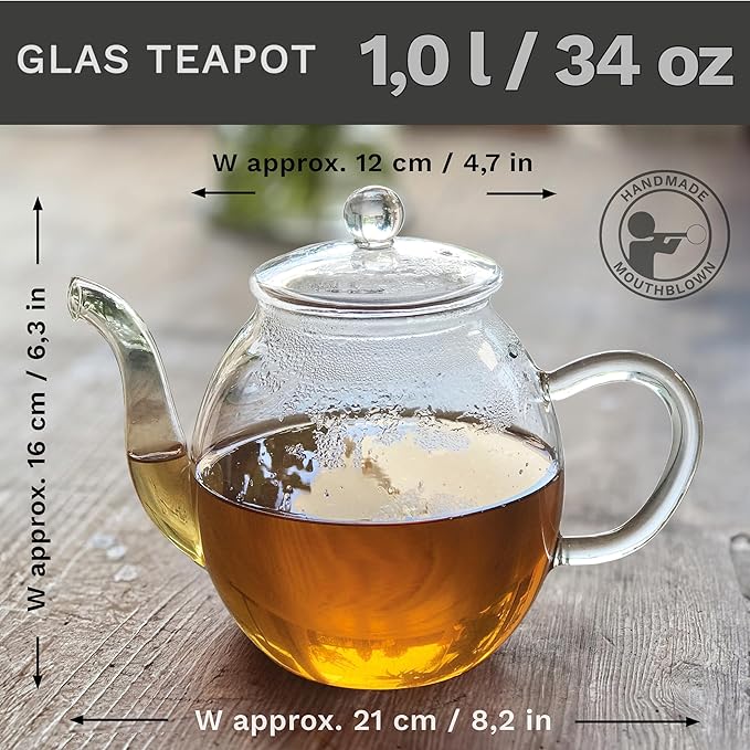 Creano glass teapot 34oz (1000ml), tea maker with integrated stainless steel strainer and glass lid, ideal for preparing loose teas, drip-free, all-in-one
