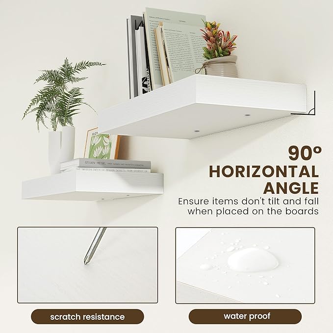 Deep Floating Shelves | 24 Inch White Floating Shelves Set of 2 | 12 Inch Deep Rustic Wood Shelves for Wall | 24" W x 12" D White Shelves for Living Room Bathroom Laundry Room Kitchen