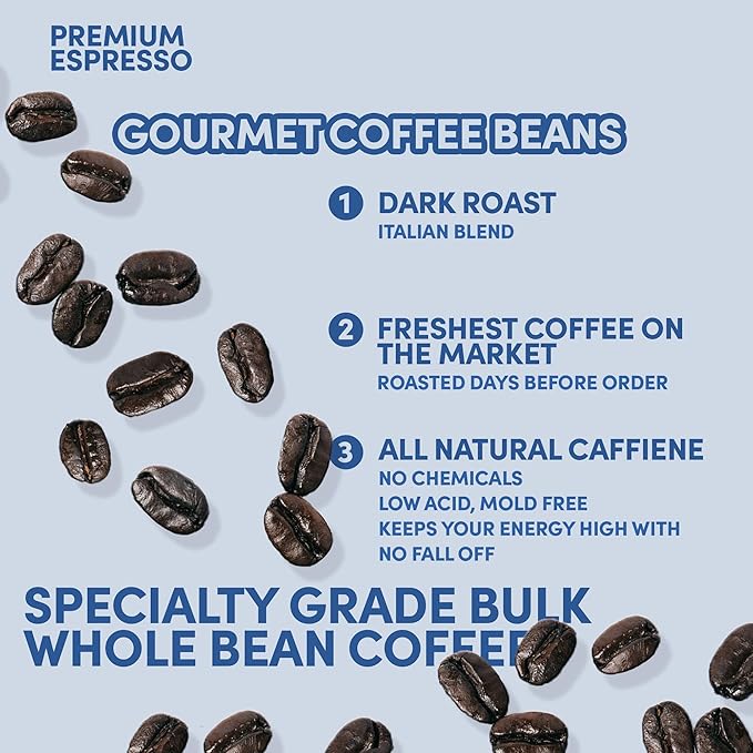 Sarasota Coffee Whole Bean Espresso | Dark Roast Gourmet Coffee Beans | Low Acid, Mold Free, Specialty Grade Bulk Beans | 5lb (80 oz)