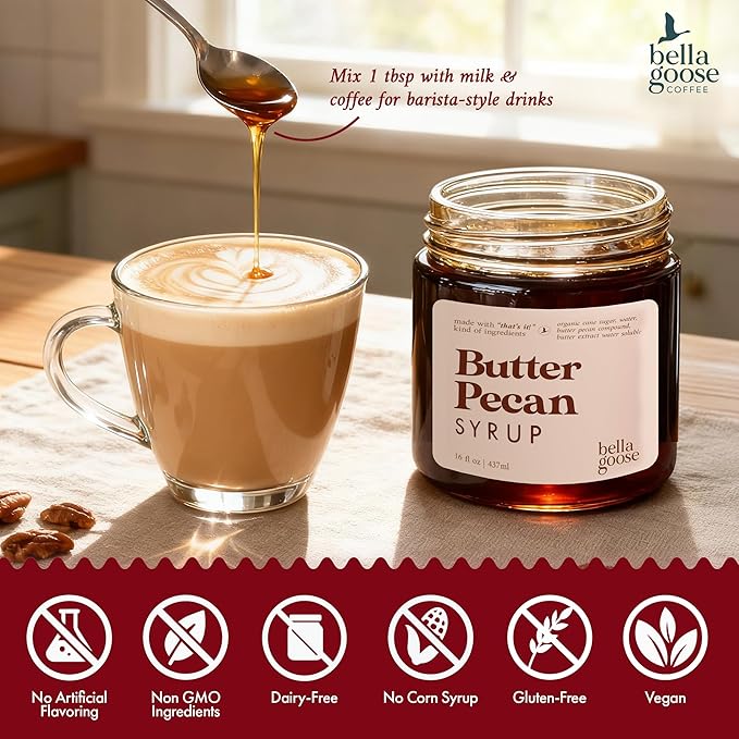 Bella Goose Butter Pecan Coffee Syrup Jar (16oz) - Homemade Pure Cane Sugar Syrup for Lattes, Matcha, Desserts - Clean Ingredient - No Artificial Flavors - Syrups for Coffee Drinks