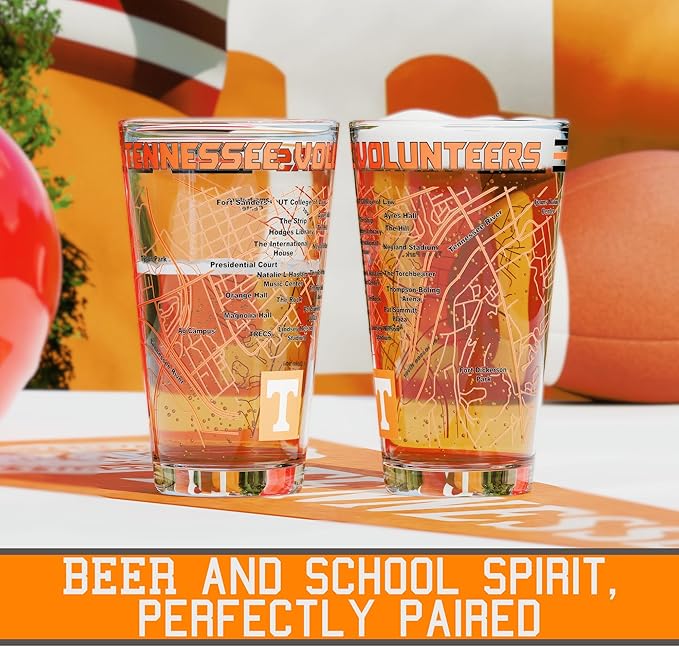 Greenline Goods – University of Tennessee Volunteers College Pint Beer Glasses (Set of 2), 16 oz – Full-Color Logo + Campus Map