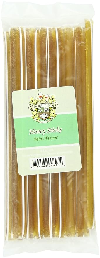 English Tea Store All-Natural Honeystix With Gluten-Free Grade A Honey | Mini Honey Sticks For Tea, Cake Pops Or Snacks | Portable Sweet Treat | Mint Flavored Honey Sticks - 20 Count