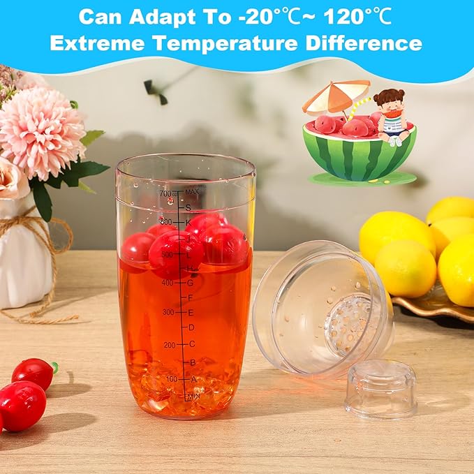 8 Pcs Plastic Cocktail Shaker Drink Mixer with Scales and Strainer Top Clear Shaker Cup with Measurement Plastic Bar Mixing Tool for Tea Coffee Bubble Tea Milk