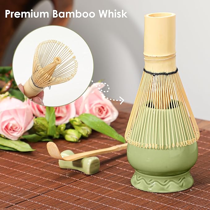 Matcha Whisk Set Matcha Kit - 7 Pcs Japanese Tea Set Includes Matcha Bowl with Spout,Bamboo Whisk with Ceramic Holder,Bamboo Scoop and Rest,Sifter,Tea Towel, for Ceremony Matcha Lovers Gift,Green
