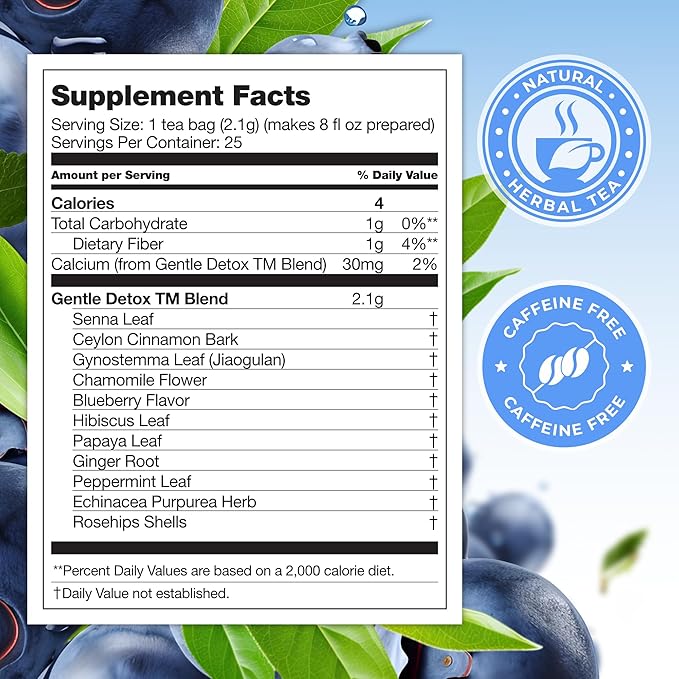 Total Tea SIimming Detox Tea Caffeine Free - 25 Day Detox - Herbal Tea with Chamomile, Hibiscus Tea & Ginger Root for Colon Cleanse – Natural Bluebberry Fruit Tea