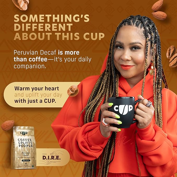 Coffee Uplifts People Peruvian Decaf Coffee - Decaf Whole Bean Coffee Medium Dark Roast - Single Origin, Specialty Grade Coffee Beans, 100% Arabica Coffee, Fair Trade - Chocolate & Almond Notes -12oz