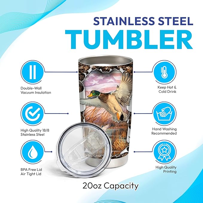 Hyturtle Personalized Stainless Steel Tumblers 20Oz, 30Oz With Lid - Mallard Duck Hunting Camo Tumbler Cup with Lid, Double Wall Vacuum Thermos Insulated, Gifts For Women, Men, Christmas, Birthday
