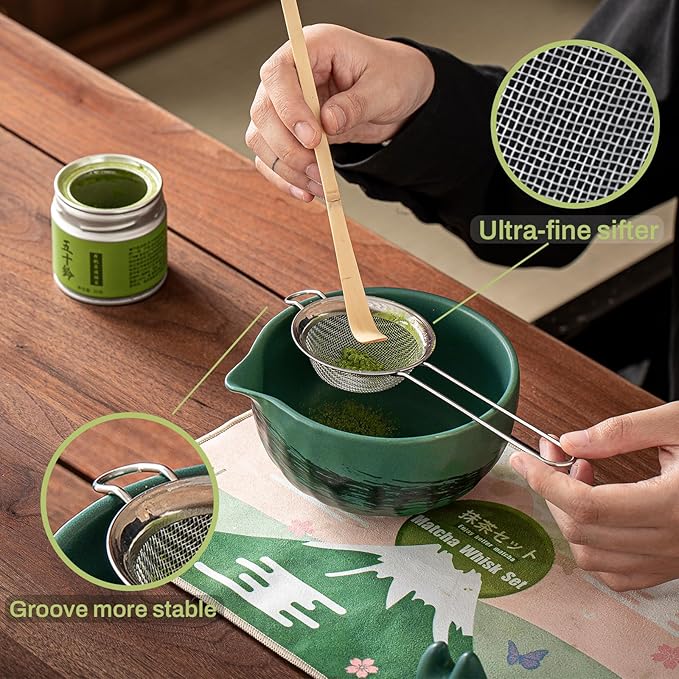 Clay&Fire Matcha Whisk Set，9 Pcs Ceramic Matcha Set, 15 OZ Matcha Bowl with Spout and Whisk，Matcha Kit for Friend, Ideal Gift for Matcha Lover（Dark Green）