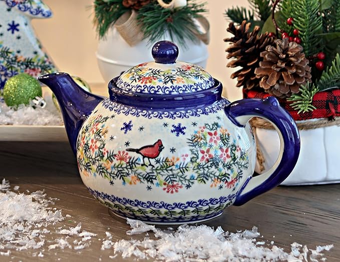 Blue Rose Polish Pottery - Red Winter Cardinal Teapot - 4 Cup Capacity - Polish Pottery Holiday Teapot, Festive Design for Coffee & Tea Service