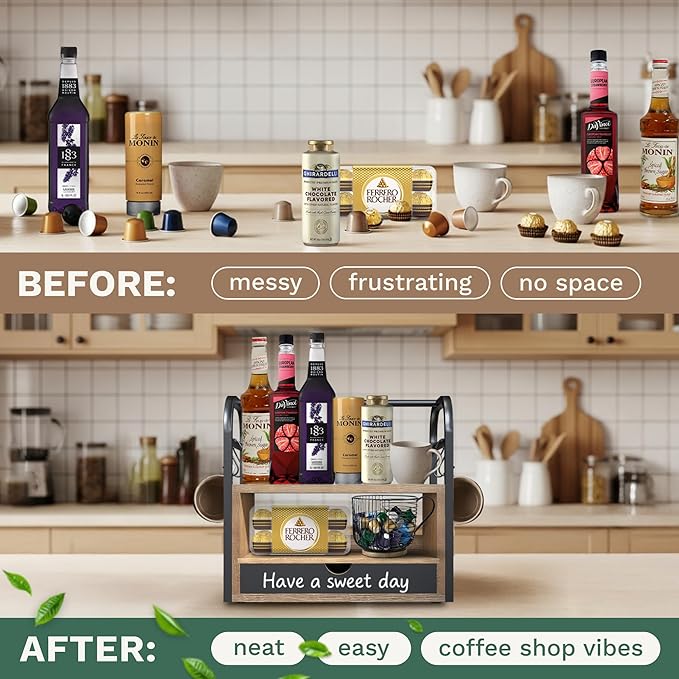 Coffee Bar Organizer for Countertop – 3-Tier Wood & Metal Shelf with Chalkboard Drawer, 6 Removable Mug Hooks, Side Caddy, Magnetic Stickers, Handle, Non-Slip Feet – Coffee & Tea Station
