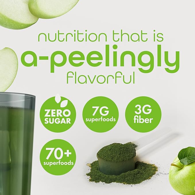 Zena Nutrition Organic Super Greens Powder, 70+ Superfoods, 0 Sugar, 3G Fiber, Spirulina, Chlorella, Mushrooms, Prebiotics/Probiotics, Digestive Enzymes for Gut Health, Green Apple, 30 Servings
