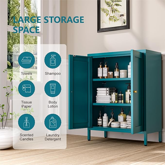 Metal Bathroom Cabinet, Small Floor Storage Cabinet, Freestanding Sideboard with 2 Adjustable Shelves for Living Room, Dinging Room (Blue, 31.5" H-2 Doors)